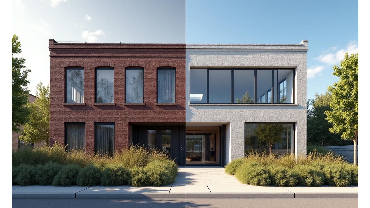Moderne kontorlokaler inne i en historisk fabrikkbygning, som symboliserer transformasjon fra før til etter