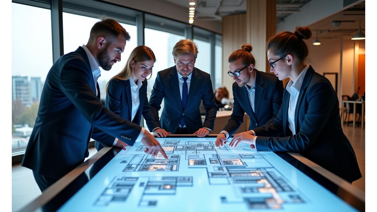 Arkitektteam fra Tinde Design analyserer bygningstegninger i et moderne kontor.