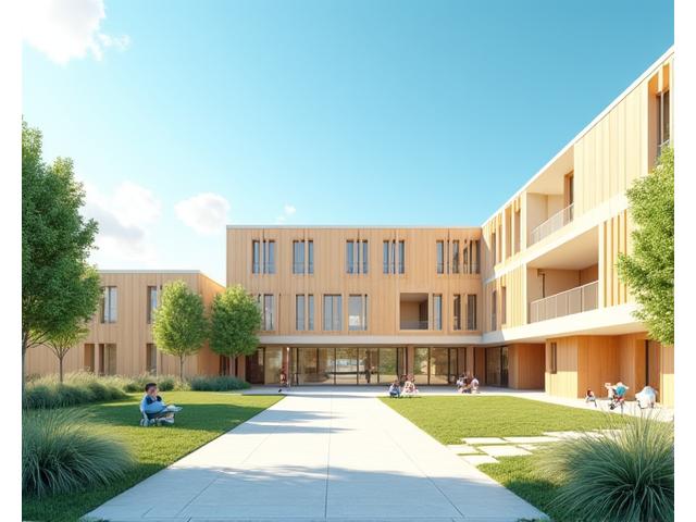 Ny moderne barnehage med grønt uteområde og bærekraftige materialer.