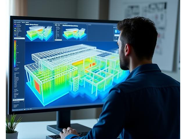 Arkitekt som analyserer energieffektive løsninger på en skjerm med bygningsmodeller