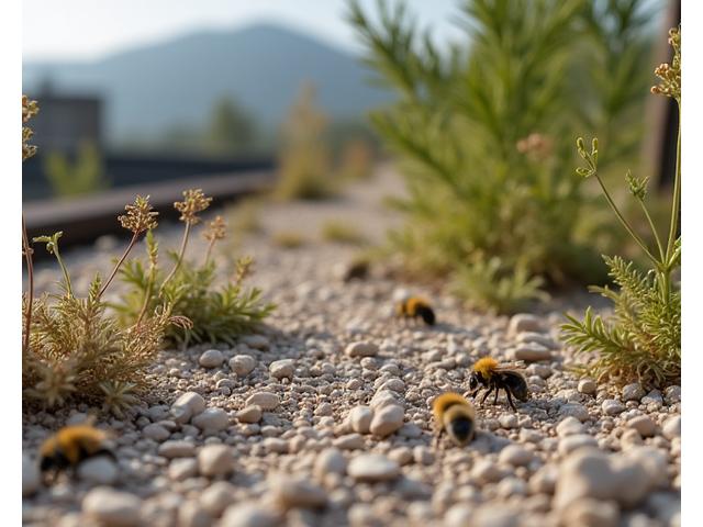 Et brunt tak befolket av insektvennlige planter og råmaterialer for naturlig gjenbruk