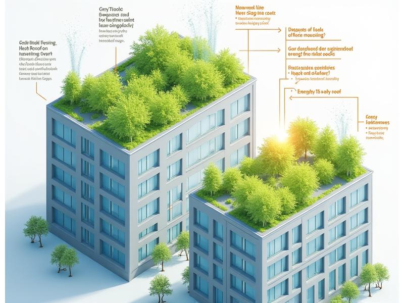 Illustrasjon av en by skyline med en grønn takhage som viser vannsyklusen og energibesparelser