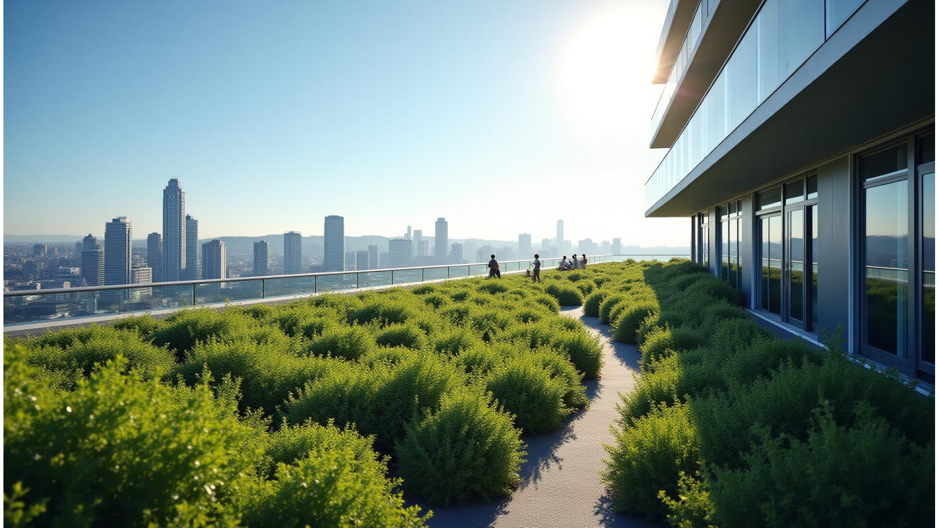 En spektakulær, frodig grønn takhage i hjertet av en moderne by med ren arkitektur og blå himmel