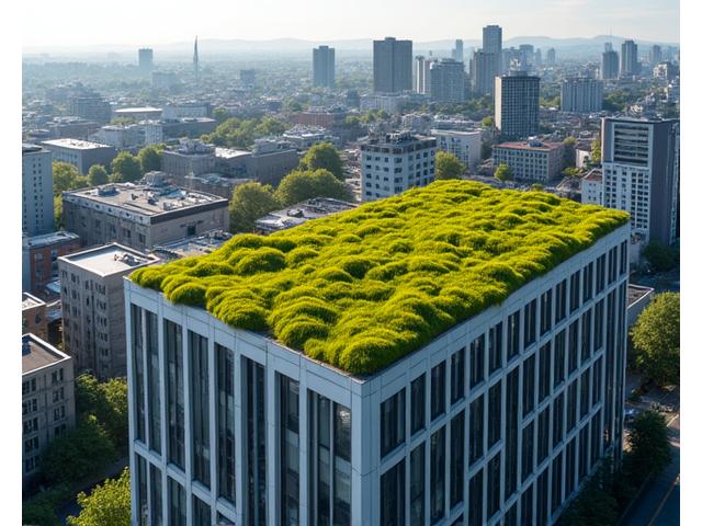 Et grønt tak på et kontorbygg i Oslo med sittegrupper og utsikt over byen