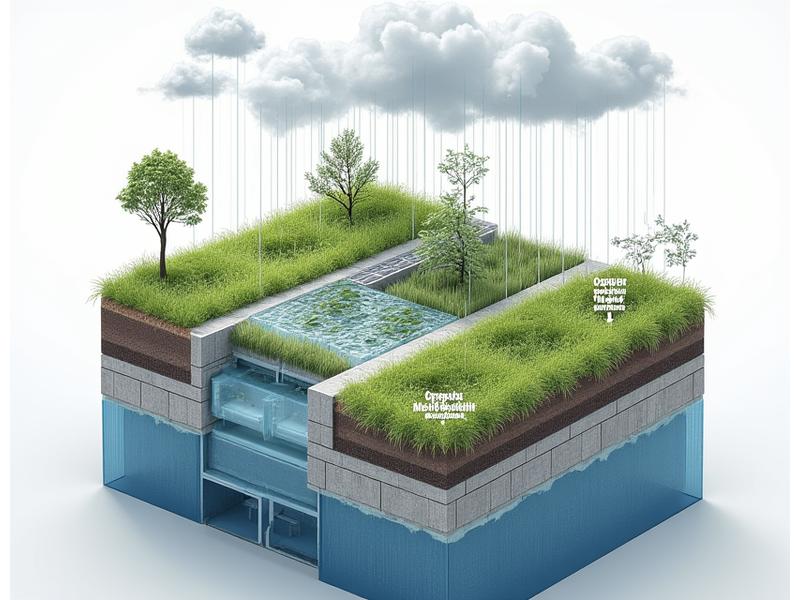 Visuell illustrasjon som viser hvordan et grønt tak absorberer og forsinker regnvann, med piler som indikerer vannets filtreringsprosess