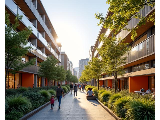 Mixed-use utvikling i et byområde med boliger, butikker og grøntområder