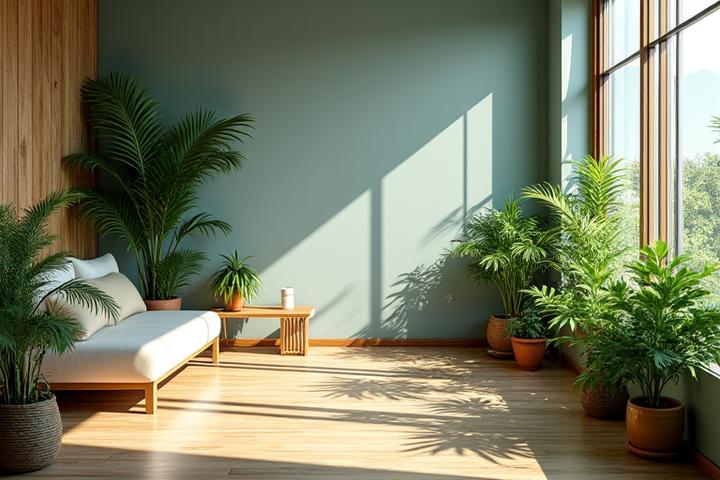 Et miljøvennlig interiør med plantebaserte materialer og naturlig lys, som fremmer bærekraftig design.