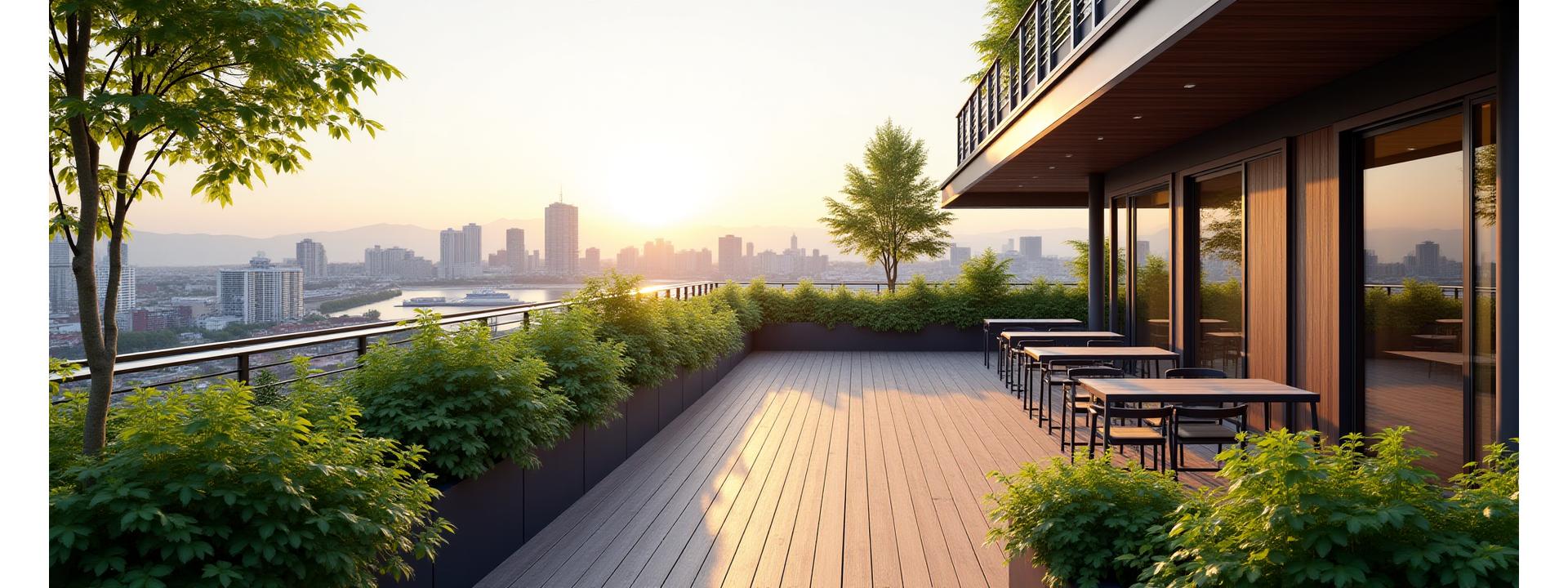 Moderne takhage med grønne planter og en panoramautsikt over en by, med nordisk arkitektur i bakgrunnen.