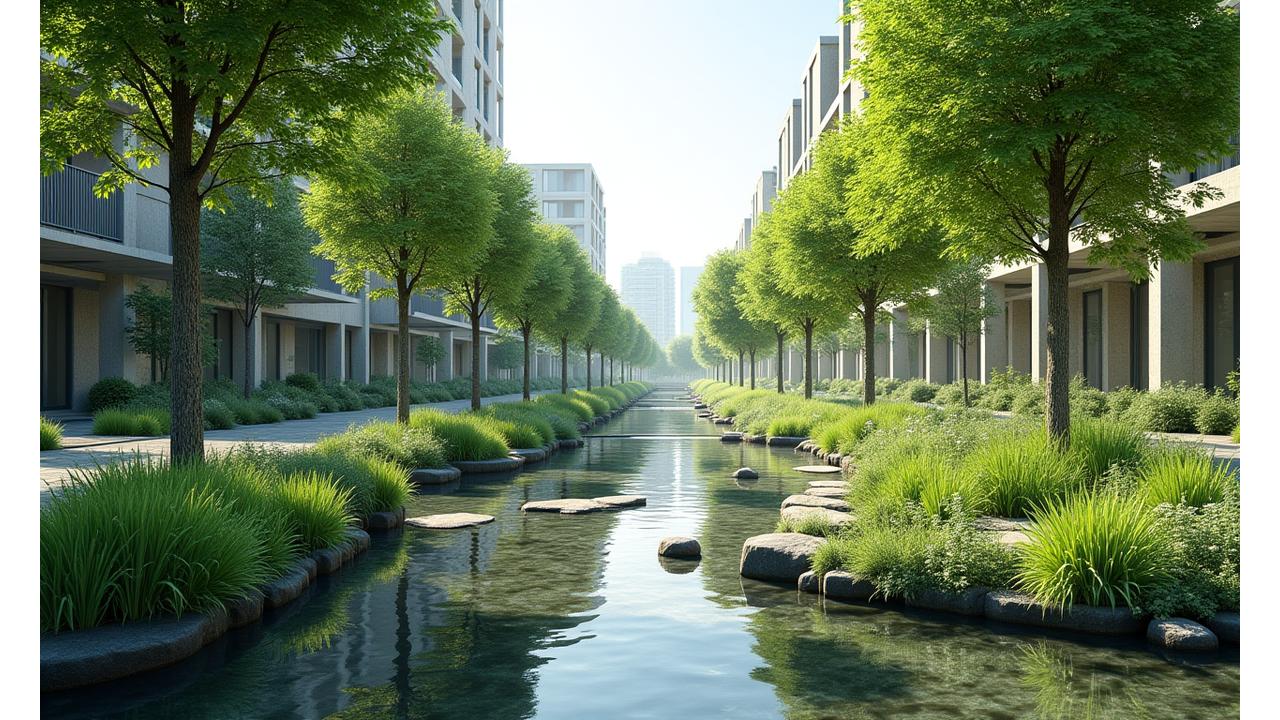 Et frodig, grønt urbant landskap med biologisk mangfold, designet for å håndtere stormvann og redusere varmeøy-effekten.