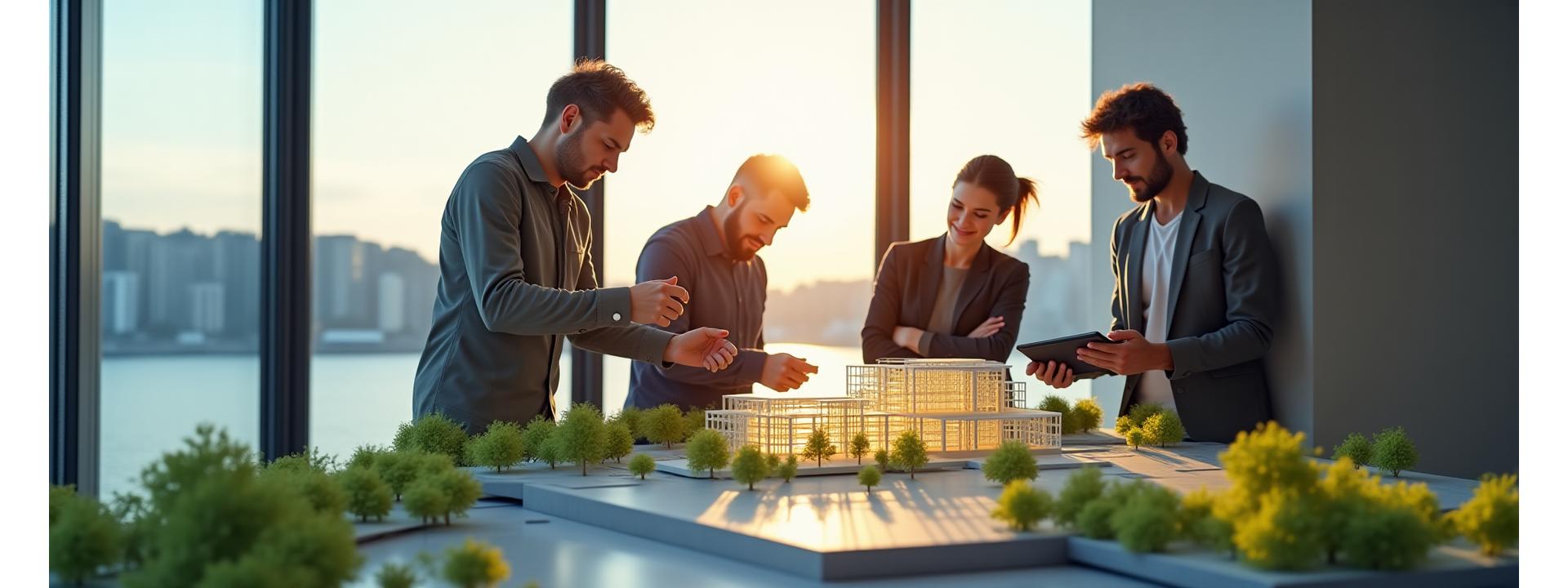 Team of Tinde Design architects collaborating on a sustainable architectural model in a modern, sunlit studio overlooking Oslo fjord