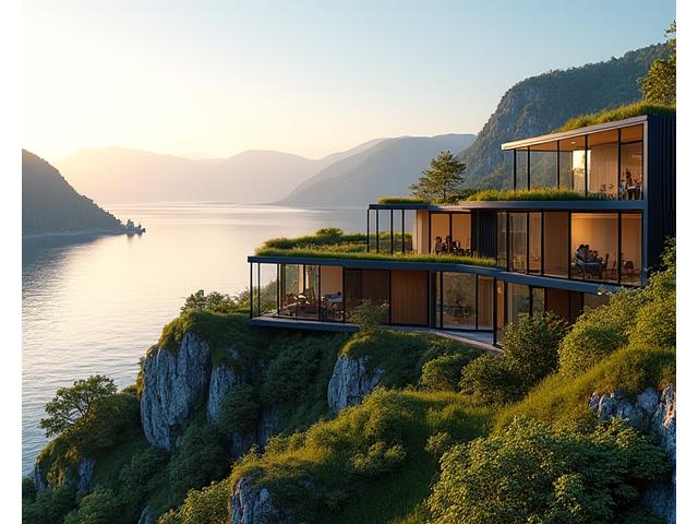 Bilde av Fjordutsikt Boligsameie, et moderne passivhus med grønne tak og utsikt over Oslofjorden