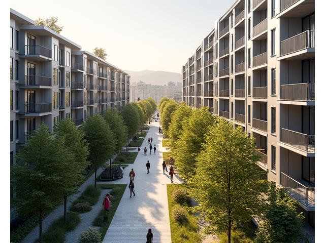 Visualisering av et moderne nabolagssenter på Løren, illustrerer urban planlegging
