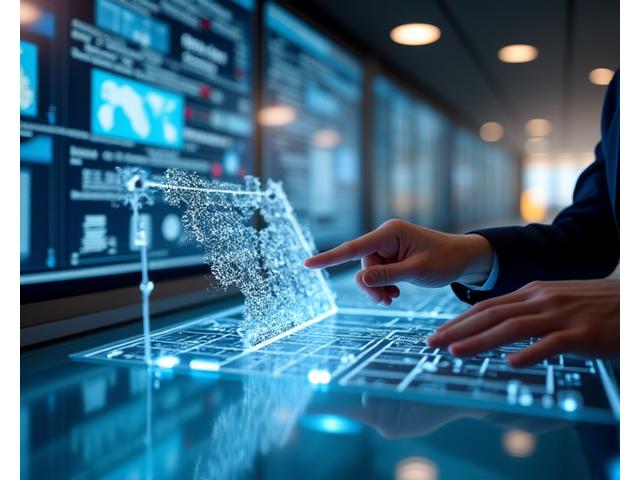 Profesjonelle hender som peker på en detalj i en arkitektonisk plan, med skjermer i bakgrunnen som viser datamodeller, illustrerer presis databehandling