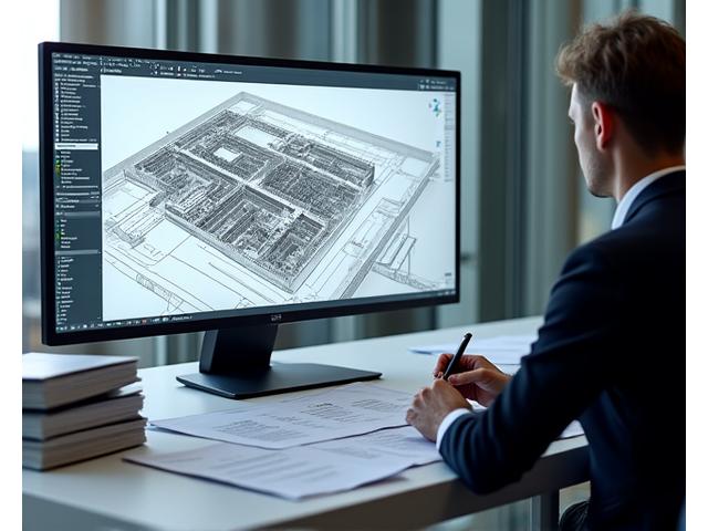 En arkitekt som gjennomgår et digitalt byggeprosjekt på en stor skjerm, med notater og verktøy rundt seg, symboliserer detaljerte vilkår og presisjon
