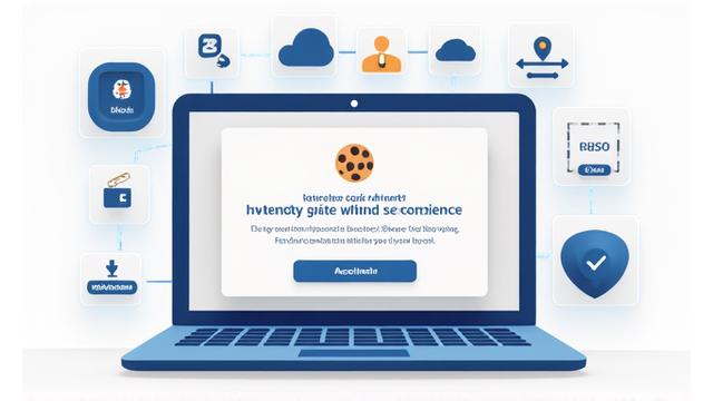 En laptop skjerm som viser en cookie-samtykkebaner, med stiliserte digitale ikoner som representerer datasikkerhet, illustrerer nettsidebruk og cookies