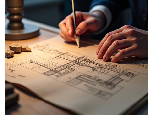 Detaljert bilde av en arkitekt som studerer gamle bygningstegninger og materialprøver, fremhever bygningshistorisk analyse og dokumentasjon.