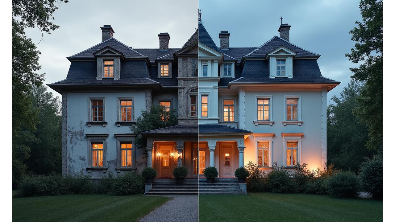 Side-ved-side-bilde av en historisk bygning før og etter en diskret, men omfattende restaurering av Tinde Design, med et varmt, innbydende lys fra innsiden.