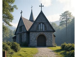 Illustrasjon av en autentisk middelalderkirke i stein, omhyggelig restaurert for å vise dens opprinnelige prakt.