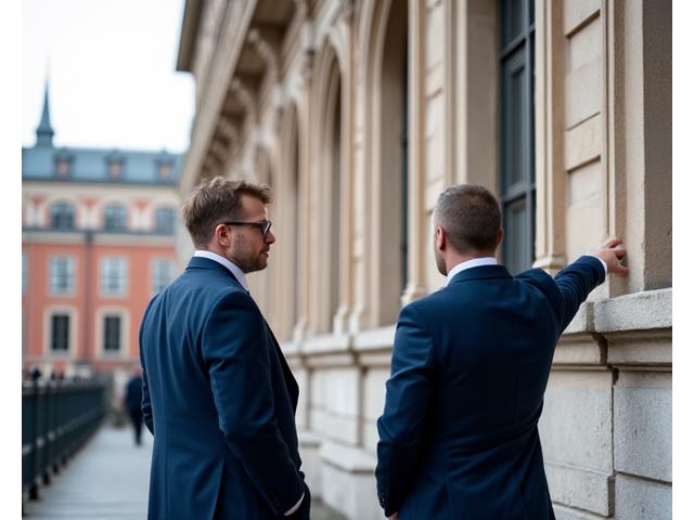 En arkitekt i dialog med en myndighetsperson foran et historisk bygg, symboliserer dialog med Riksantikvaren og Oslo Byantikvar.