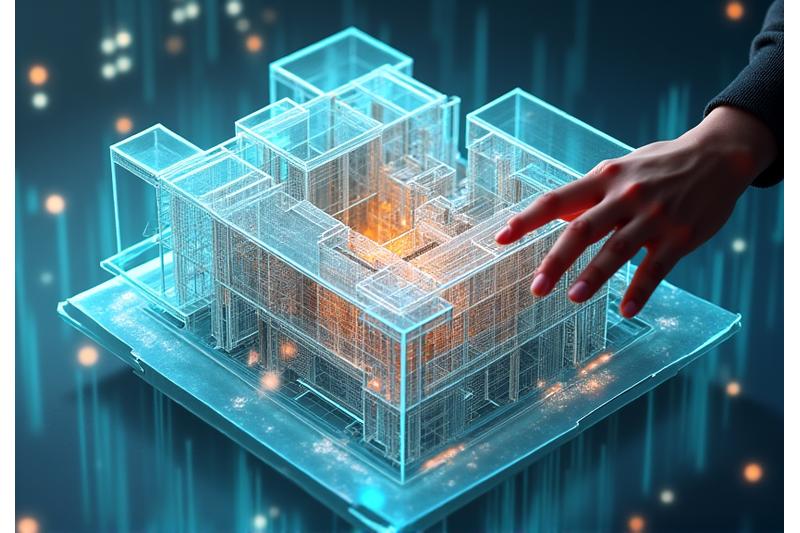 Fremstilling av en kompleks BIM-modell av et moderne bygg med lagdelte data som viser struktur, rørsystemer og elektriske installasjoner.