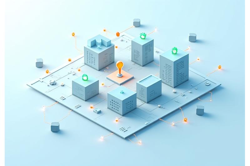 Skjematisk fremstilling av integrerte smarte byggsystemer, som IoT-sensorer, BMS, og energiovervåkning, knyttet sammen digitalt.