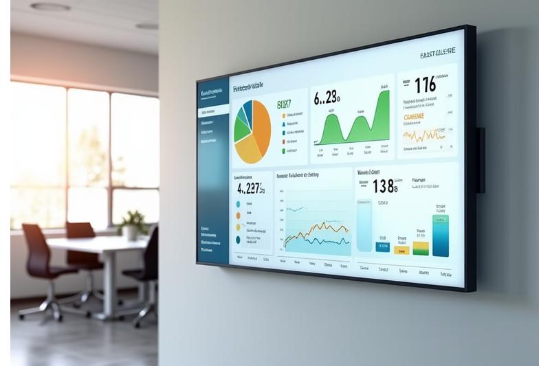 Dashboard som viser sanntidsdata for energiforbruk i et bygg, med grafer, målinger for strøm, vann og varme, og grønne indikatorer for effektivitet.