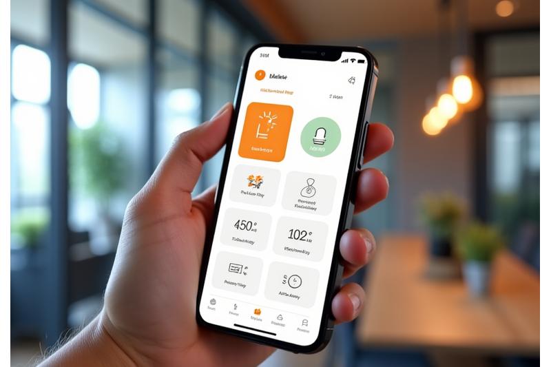 Mobilapp-grensesnitt som viser kontroll over lys, temperatur og rombooking med en ren, moderne design og grønne fargeaksenter.