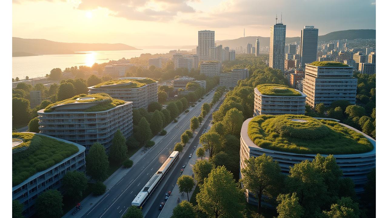 Futuristisk, bærekraftig bylandskap i Oslo, sett fra luften ved soloppgang, med grønne tak, moderne arkitektur og fjord i bakgrunnen.