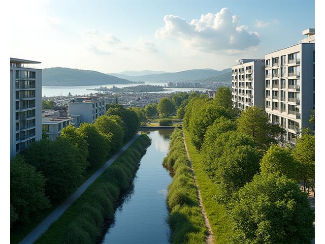 Dronefoto av en moderne og grønn bydel på Fornebu, med boligbygg, parker og vann i forgrunnen.